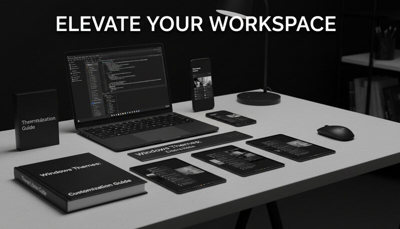 Professional desktop workspace showcasing various Windows 11 theme options and customization tools