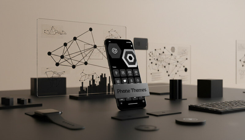 Modern smartphone displaying various colorful theme options and customization interfaces