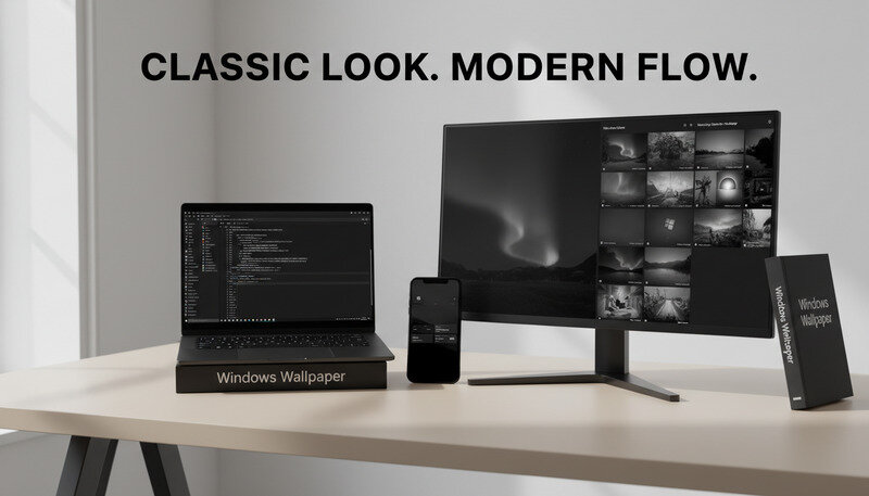 Collection of classic Windows 7 wallpapers displayed on multiple monitors in a modern workspace