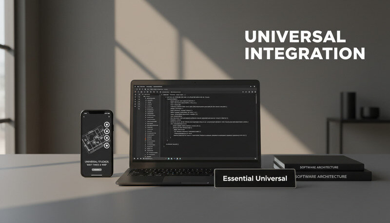 Universal Studios mobile app interface showing park map and wait times on smartphone screen