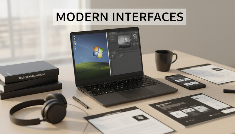 Split screen showing original Windows 7 wallpaper alongside modern customized version in design software