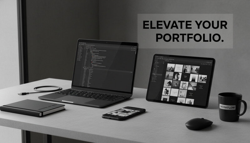 Creative portfolio template displaying photography and design work in elegant grid layouts