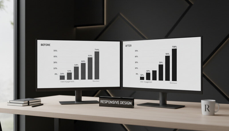 Split-screen comparison showing improved user engagement metrics before and after responsive design implementation
