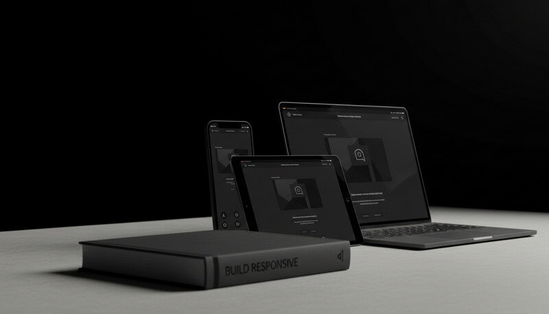 Modern responsive website displayed across multiple devices including smartphone, tablet, and desktop computer