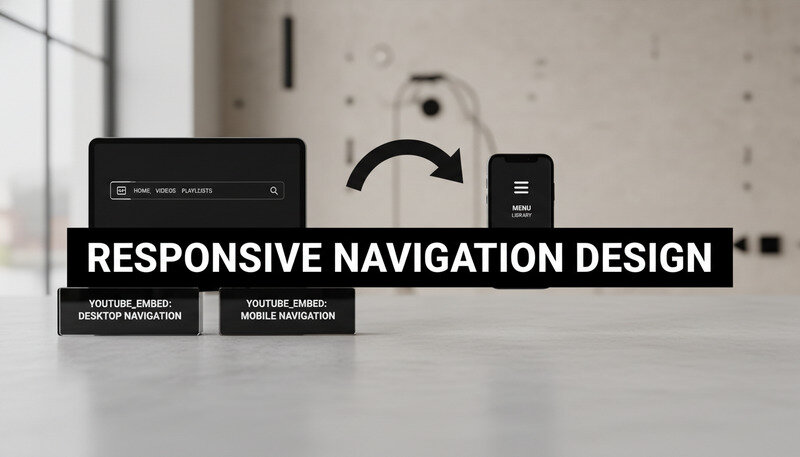 Comparison of desktop and mobile navigation layouts showing hamburger menu transformation