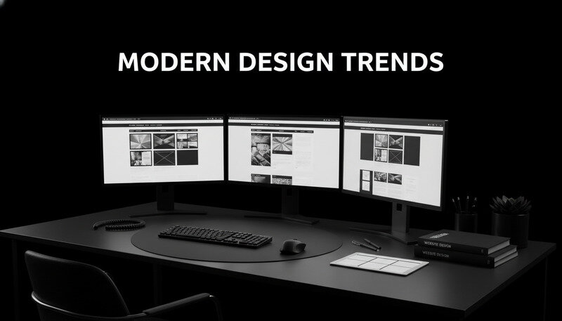 Modern website design workspace with multiple screens showing different design layouts and color palettes