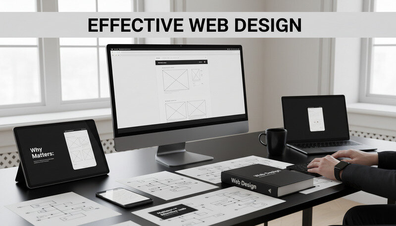 Modern web designer working on responsive website layouts with multiple device mockups
