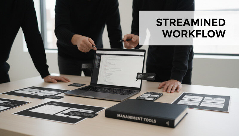 Design team working together on website layouts with client feedback visible on screen