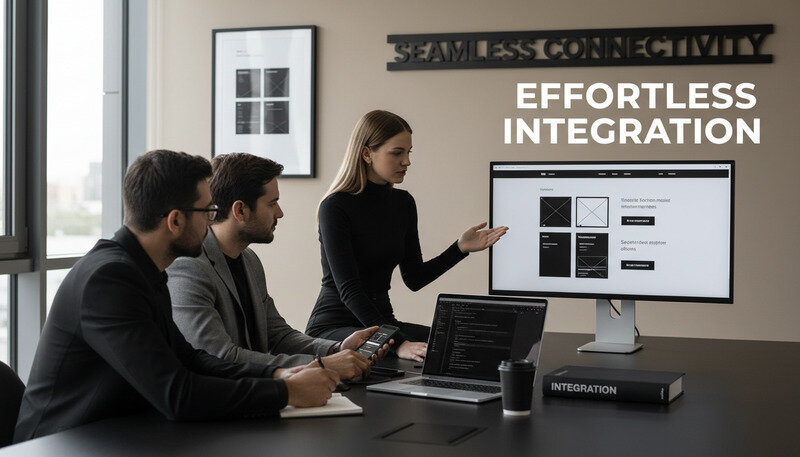 Professional designer presenting website mockups to clients in a modern conference room