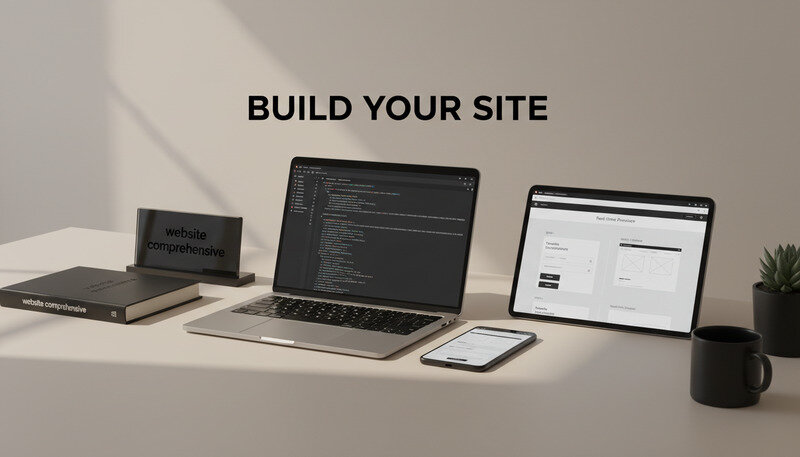 Step-by-step website building interface showing template customization and real-time preview