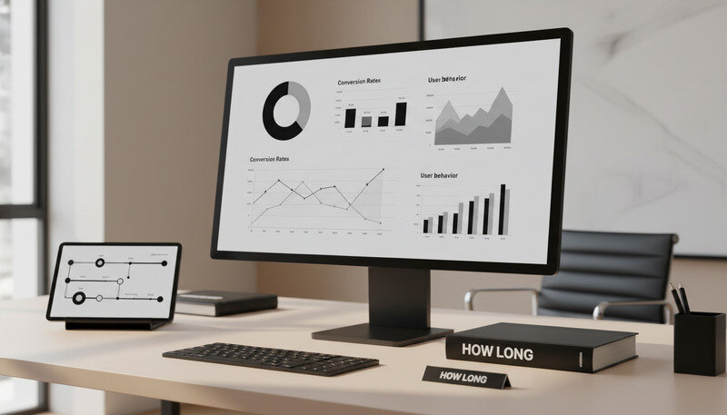 Computer screen showing website analytics dashboard with graphs, conversion rates, and user behavior data