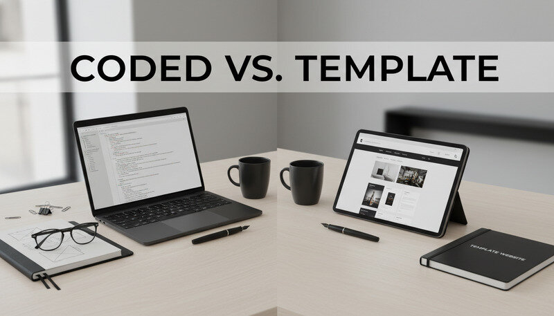 Split screen showing custom coded website on left and template-based website on right