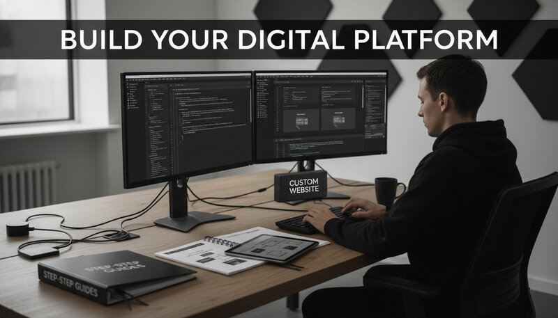 Developer coding custom website functionality on multiple monitors