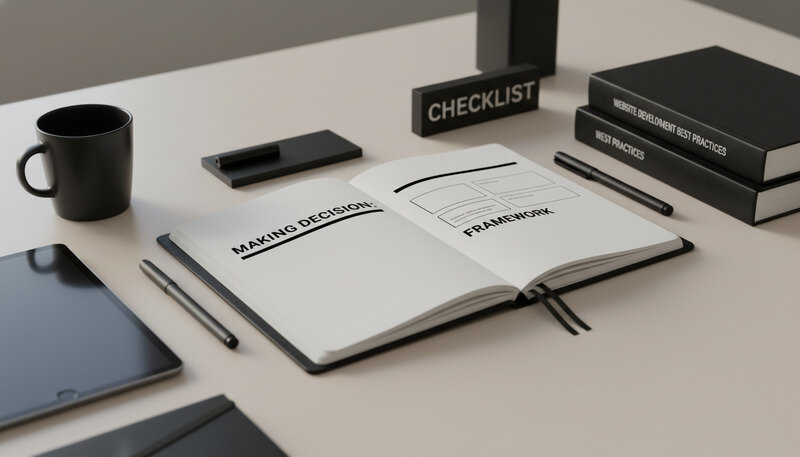 Clean, organized workspace showing website development best practices checklist