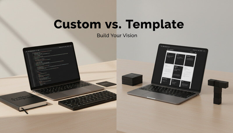 Split screen comparison showing custom coded website on left and template-based website on right