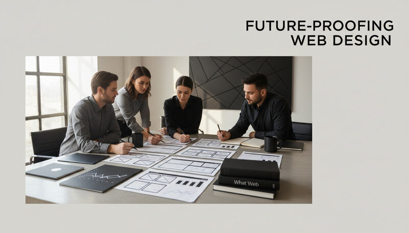 Professional web design team collaborating on website layouts and wireframes in a modern office setting