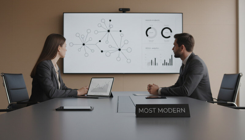 Business professionals reviewing website analytics and ROI metrics on a large monitor during a strategy meeting
