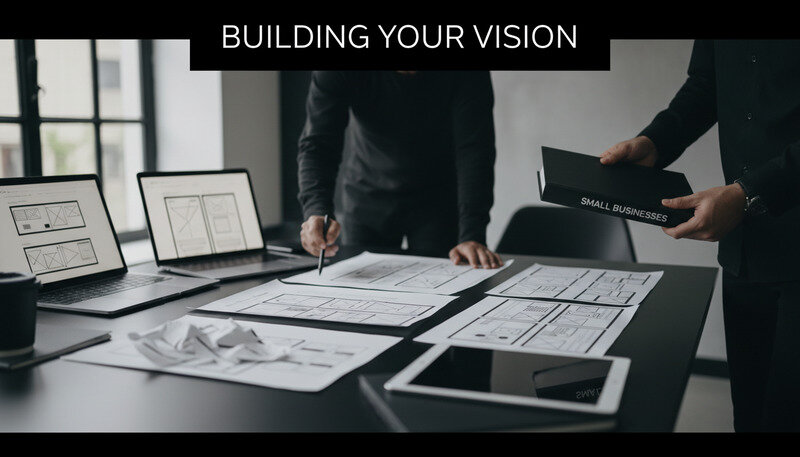 Web design team and client reviewing wireframes and prototypes together on a conference table with laptops and design materials