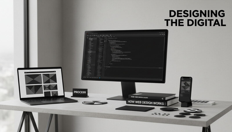 Web designer's desk showing brand color palettes, typography samples, and website mockups on a large monitor