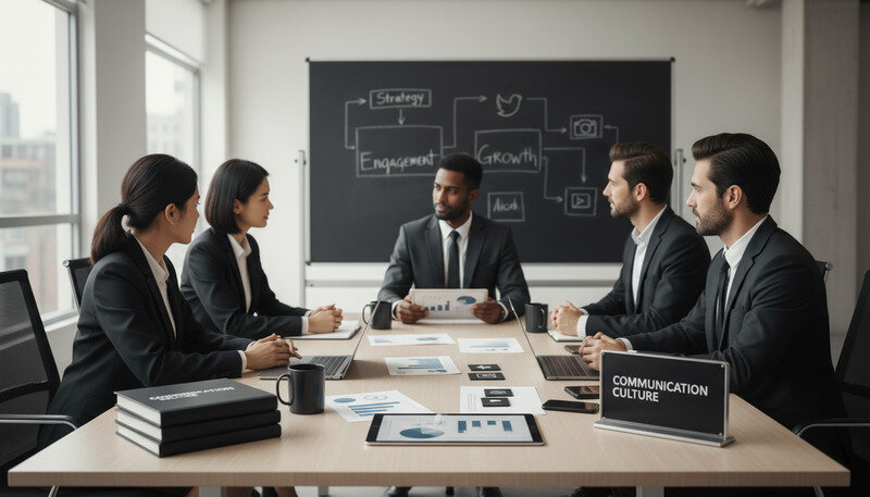 Professional team meeting in modern office discussing digital marketing strategies