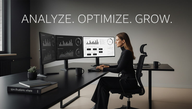 Web designer analyzing business metrics and conversion data on multiple monitors