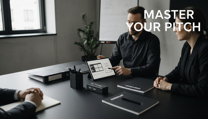 Professional presenting web design portfolio to potential clients in modern office setting