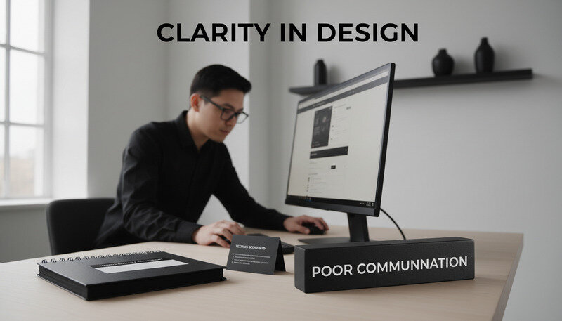 Web designer reviewing website quality checklist with multiple testing scenarios displayed on screen