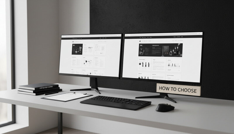 Modern web design workspace with multiple monitors showing responsive website designs