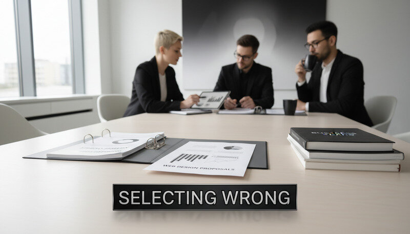 Business meeting with team reviewing web design proposals and contracts