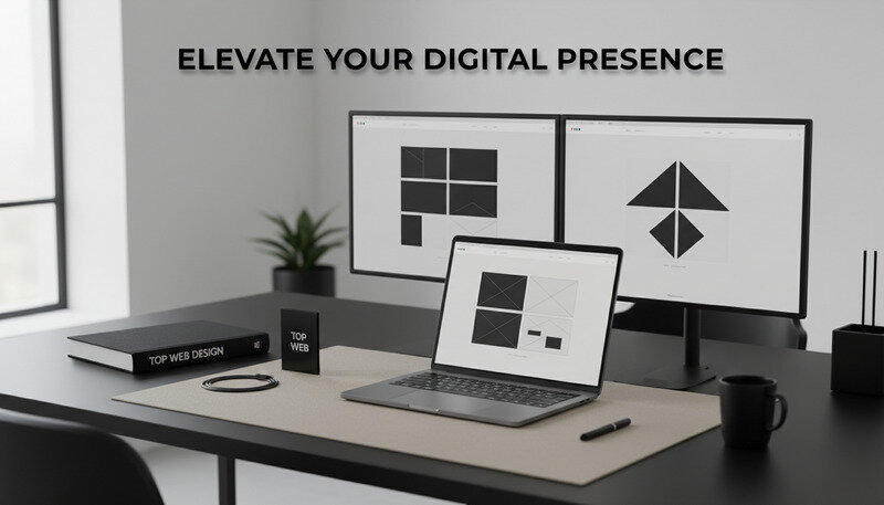 Modern web design workspace with multiple screens showing responsive website designs