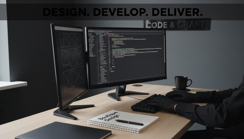 WordPress developer working on custom theme code with multiple monitors