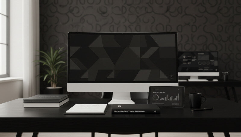 Professional workspace showing branded chrome wallpaper with company logo and colors on multiple monitors