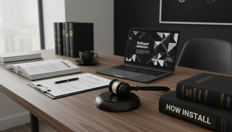 Legal documents and photography licensing agreements on desk with computer showing wallpaper selection interface