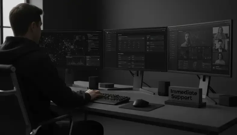 Remote developer working with multiple monitors showing project management dashboards and video conference