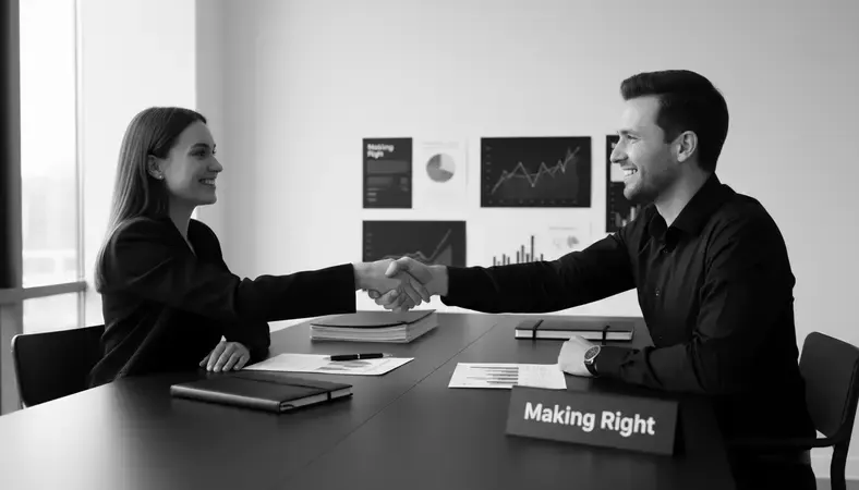 Business owner shaking hands with local web developer in professional office setting