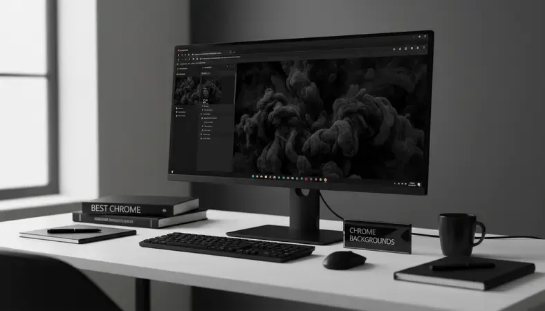 Modern Chrome browser interface with customizable background themes displayed on a professional workspace