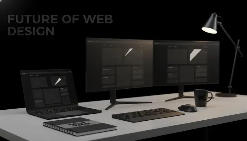 Modern web design workspace with multiple screens showing different website layouts