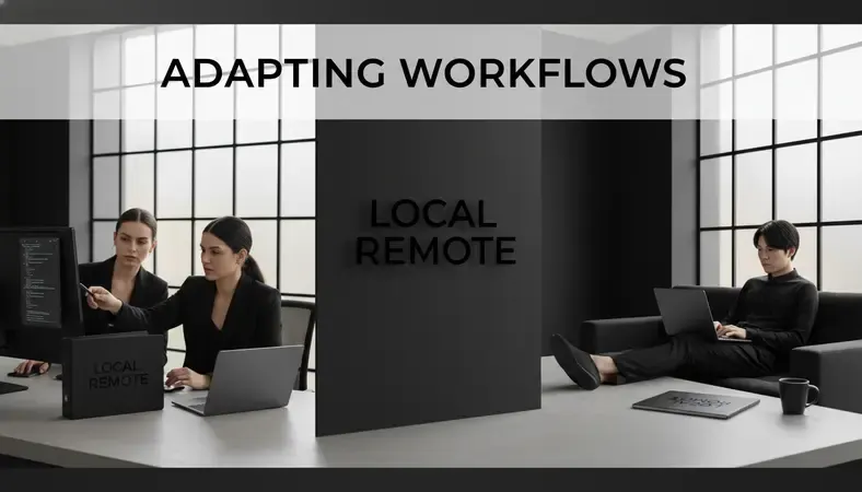 Split screen comparison showing local web design meeting in office versus remote designer working on laptop