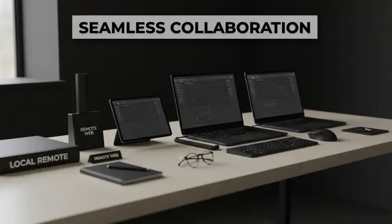 Modern office workspace showing web designers collaborating on laptop screens with wireframes and design mockups