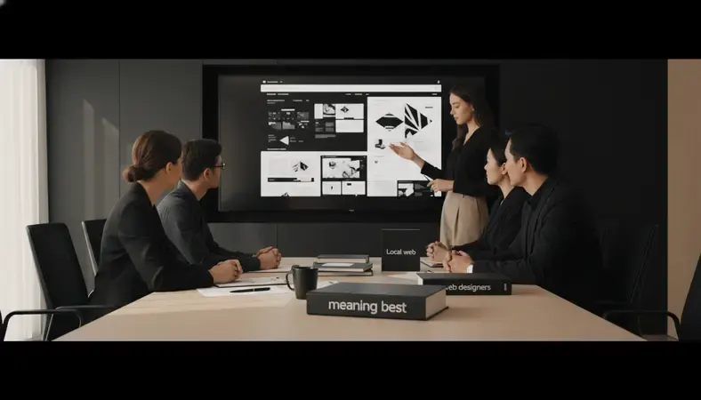 Business professionals in a conference room reviewing web design mockups on a large screen with local web design team
