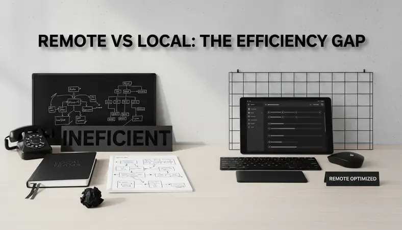 Split-screen comparison showing organized project timeline charts and milestone tracking systems used by remote vs local web design teams