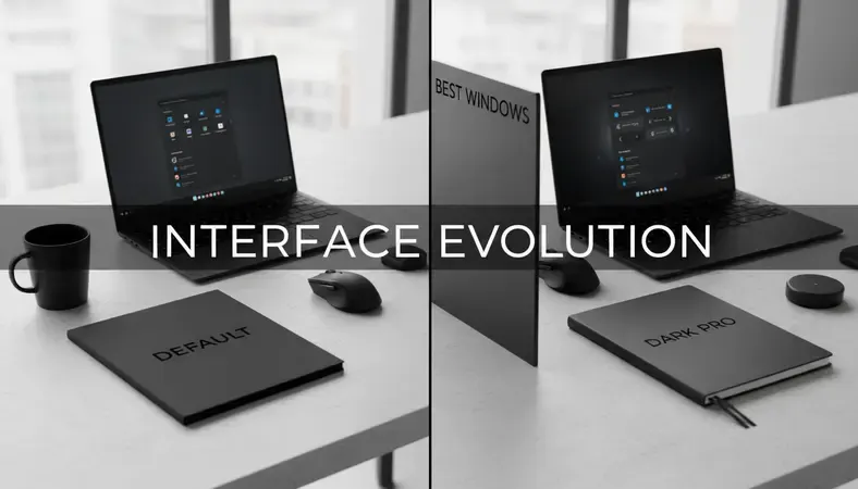 Split screen showing default Windows 11 theme versus Fluent Design Dark Pro theme