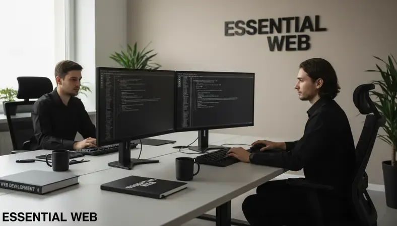Professional web developers collaborating in a modern office workspace with multiple monitors and coding environments