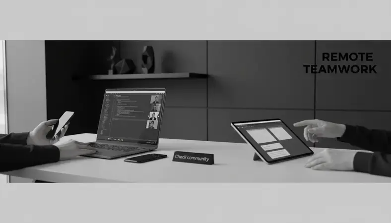 Team of web developers collaborating remotely using video conferencing and screen sharing tools