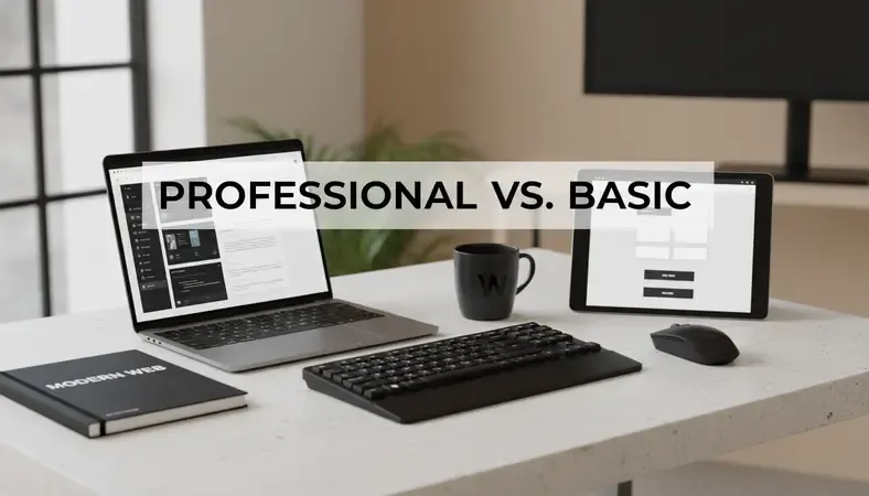 Side-by-side screenshots showing professional vs basic website builder interfaces