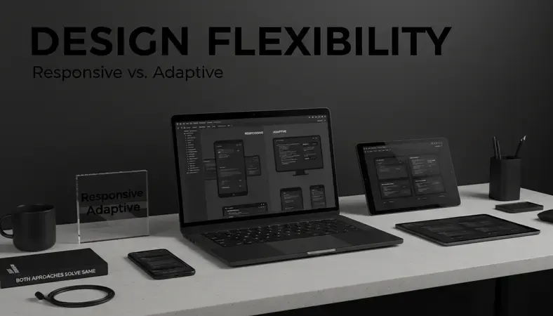 Split screen showing responsive design flowing between devices versus adaptive design with distinct layouts
