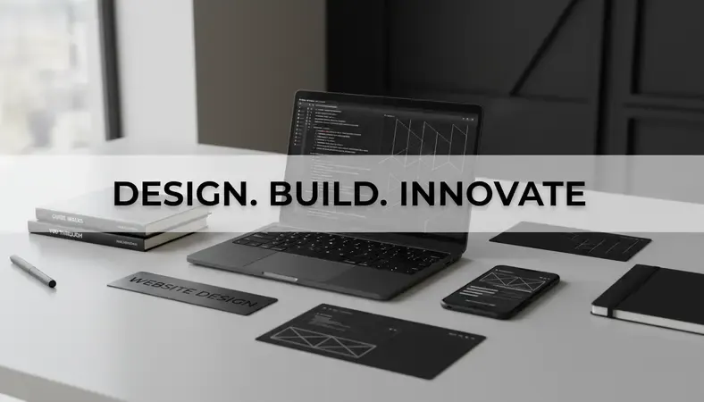 Modern website design workspace with computer displaying colorful website layouts and design tools