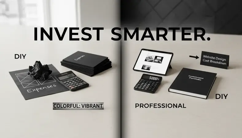 Website design cost breakdown showing DIY vs professional options with calculator and design elements