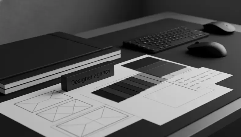 Clean, organized workspace showing design planning materials including wireframes, color palettes, and typography samples