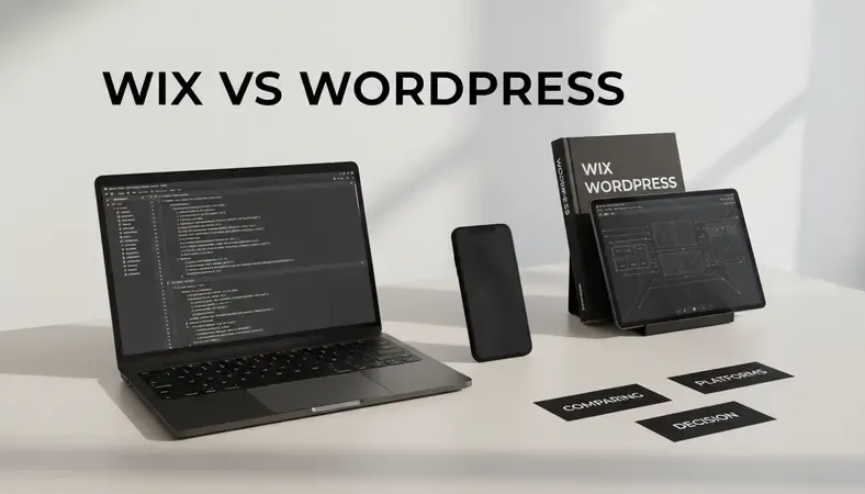 Comparison of Wix, WordPress, and Squarespace website builders on laptop screens